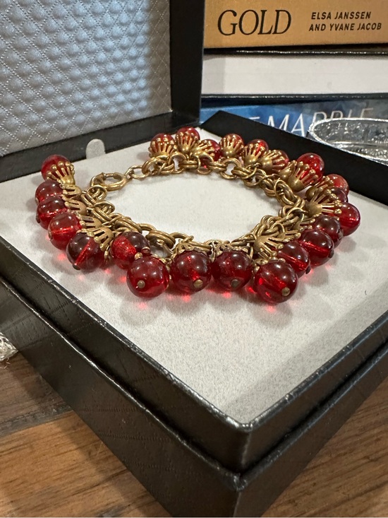 Vintage Jewelry - 1950s West Germany Style Red Glass Dangle Cluster Bracelet Antiqued Brass